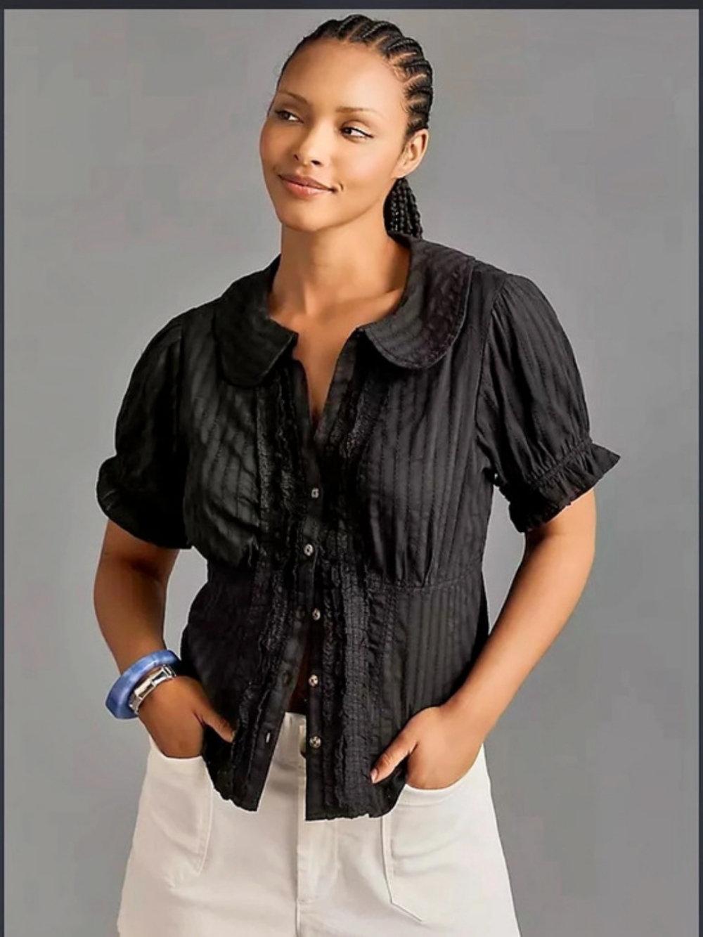 Pilcro Black Textured Short Sleeve Blouse XL